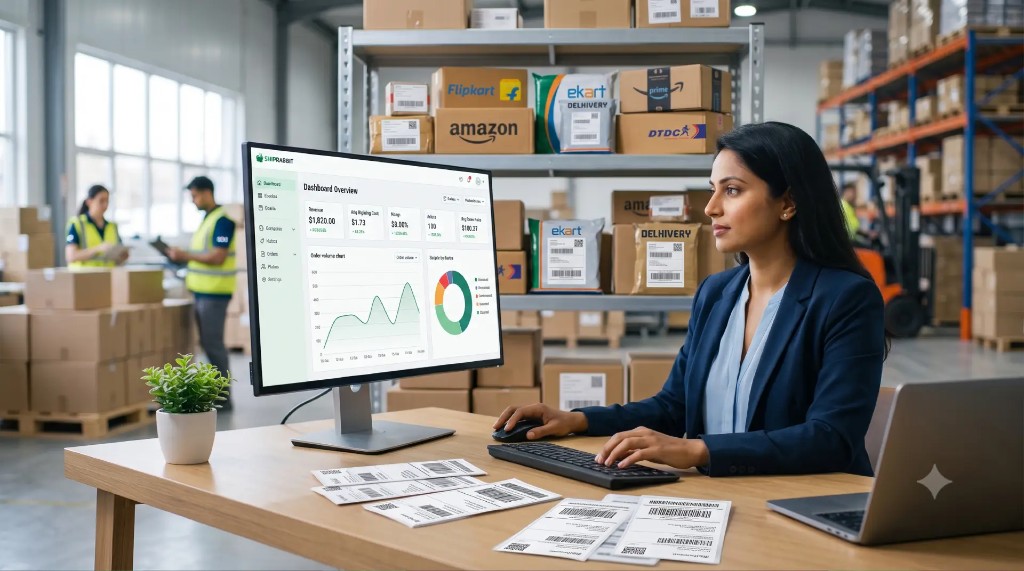 Logistics manager using ShipRabbit courier aggregator software dashboard in a warehouse to manage eCommerce shipping and orders